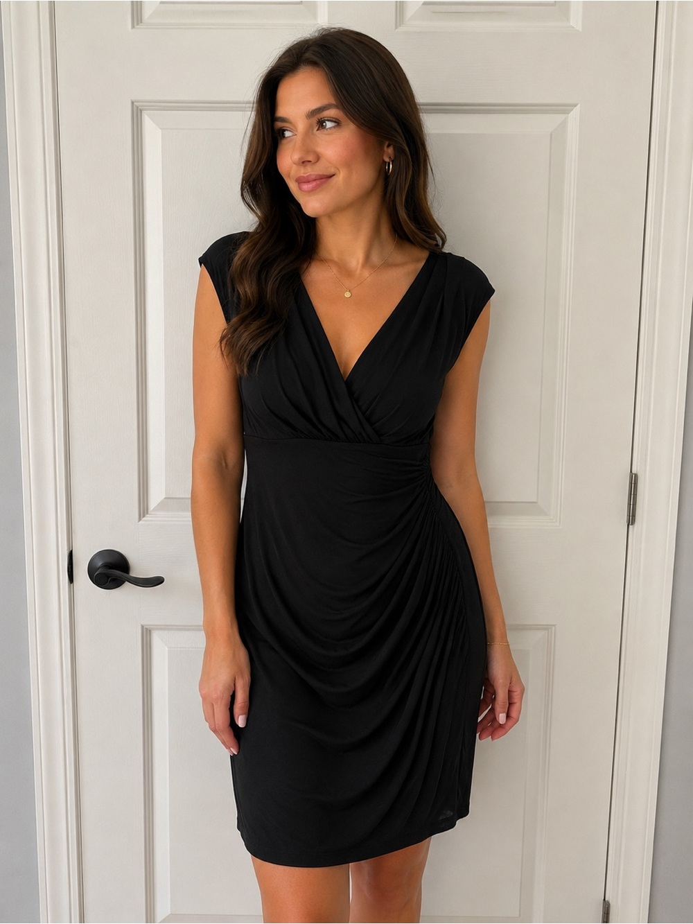 Ralph Lauren Elegant Black Draped V-Neck Dress